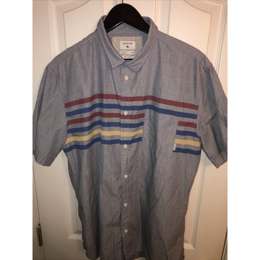 Quiksilver Gray Chambray Fabric W/Multi Color SS Stripe Button Up Shirt. Mens XL